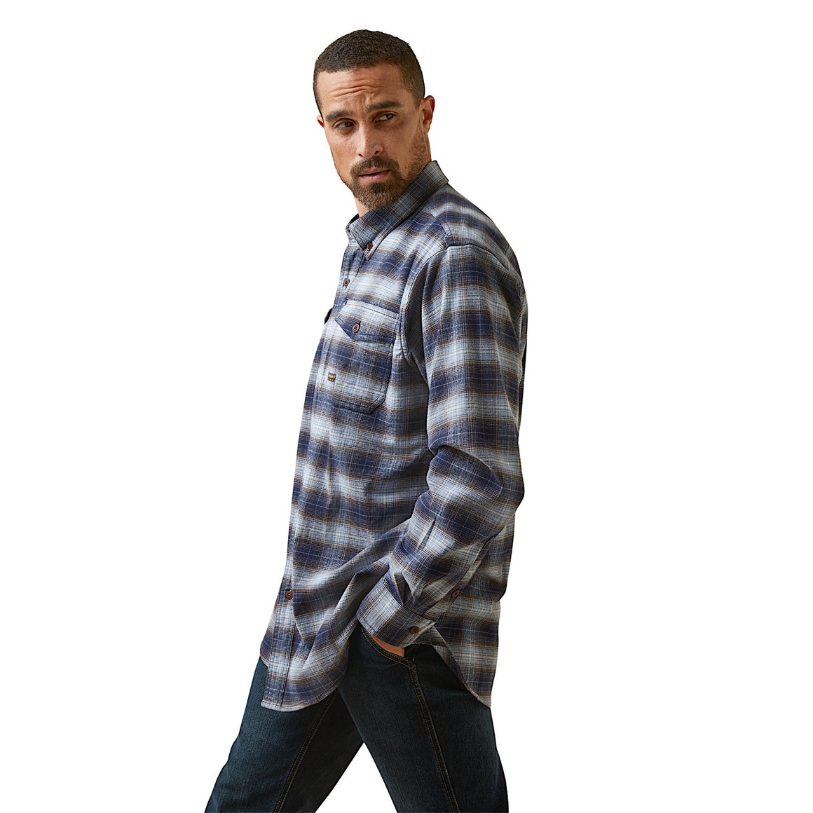 Ariat Mens Rebar Flannel Durastretch L/S Work Shirt Blue Khaki Plaid