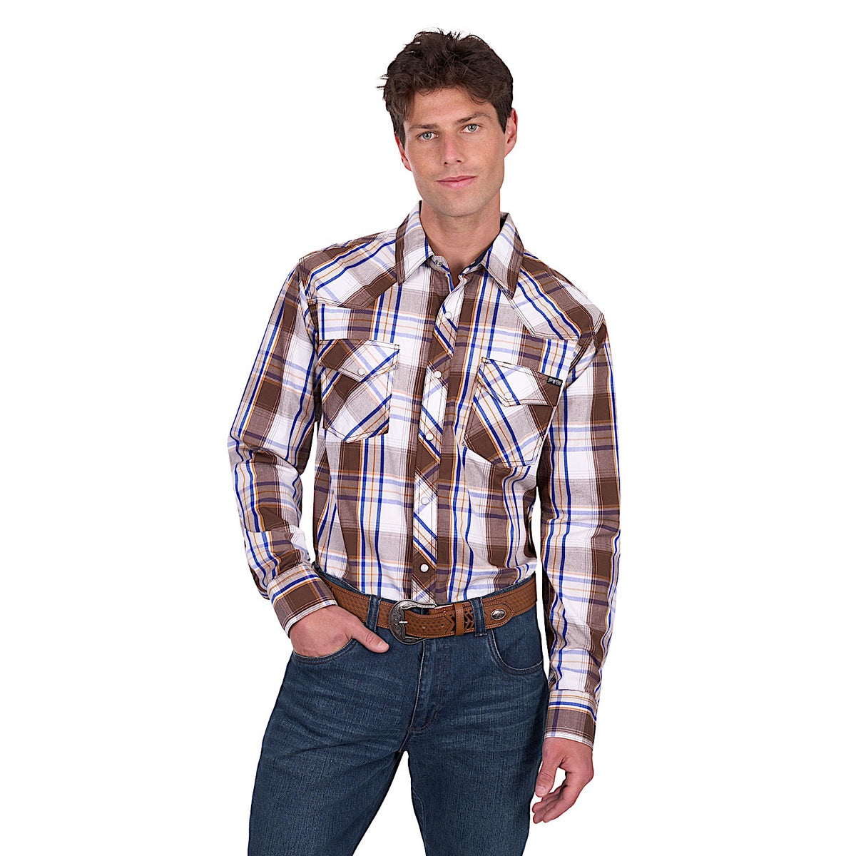 Pure Western Men’s George Shirt - Dark Tan/Blue