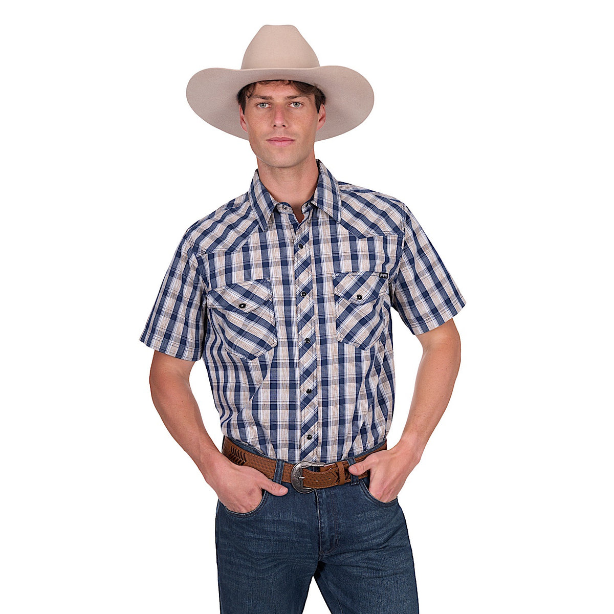 Pure Western Men’s Peter Short Sleeve Shirt - Navy/Tan