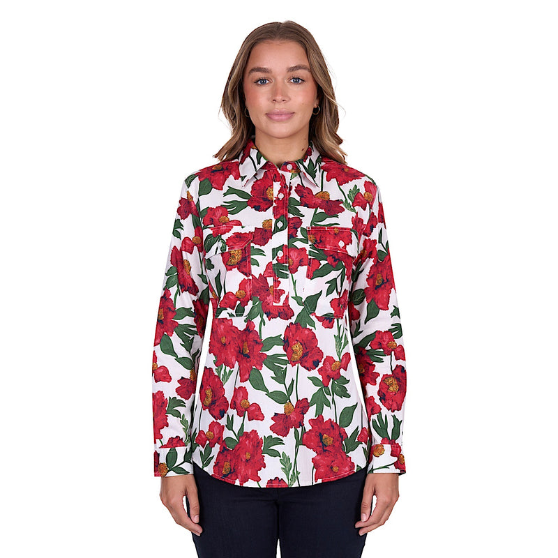 Hard Slog Women’s Zoe Half Placket Long Sleeve Shirt - Red
