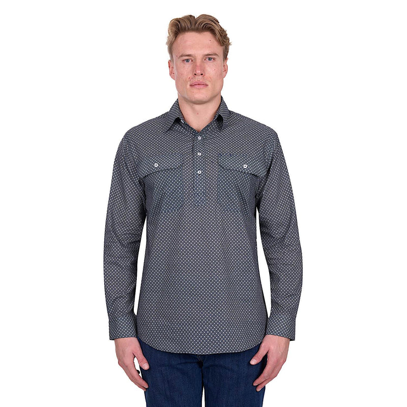 Hard Slog Men’s Tomson Half Placket Long Sleeve Shirt - Navy/Tan
