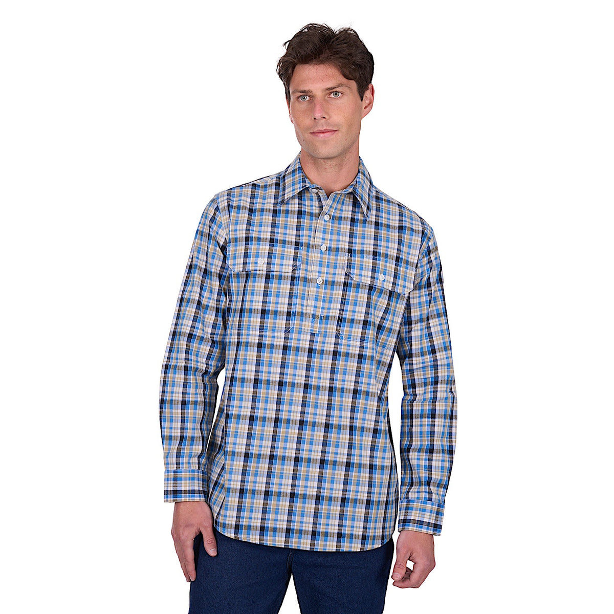 Hard Slog Men’s Gibson Half Placket Long Sleeve Shirt - Blue/Tan