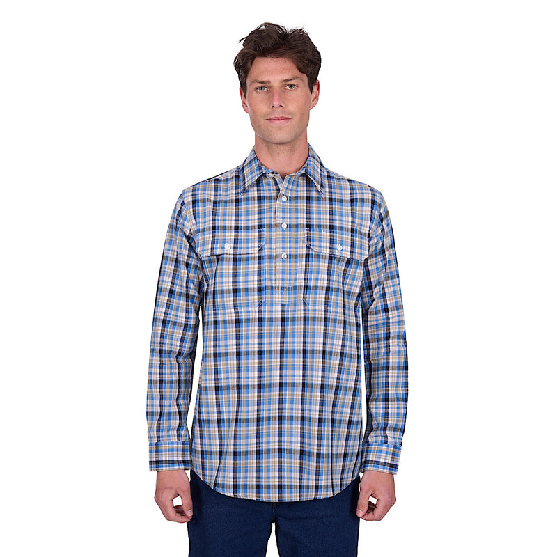 Hard Slog Men’s Gibson Half Placket Long Sleeve Shirt - Blue/Tan