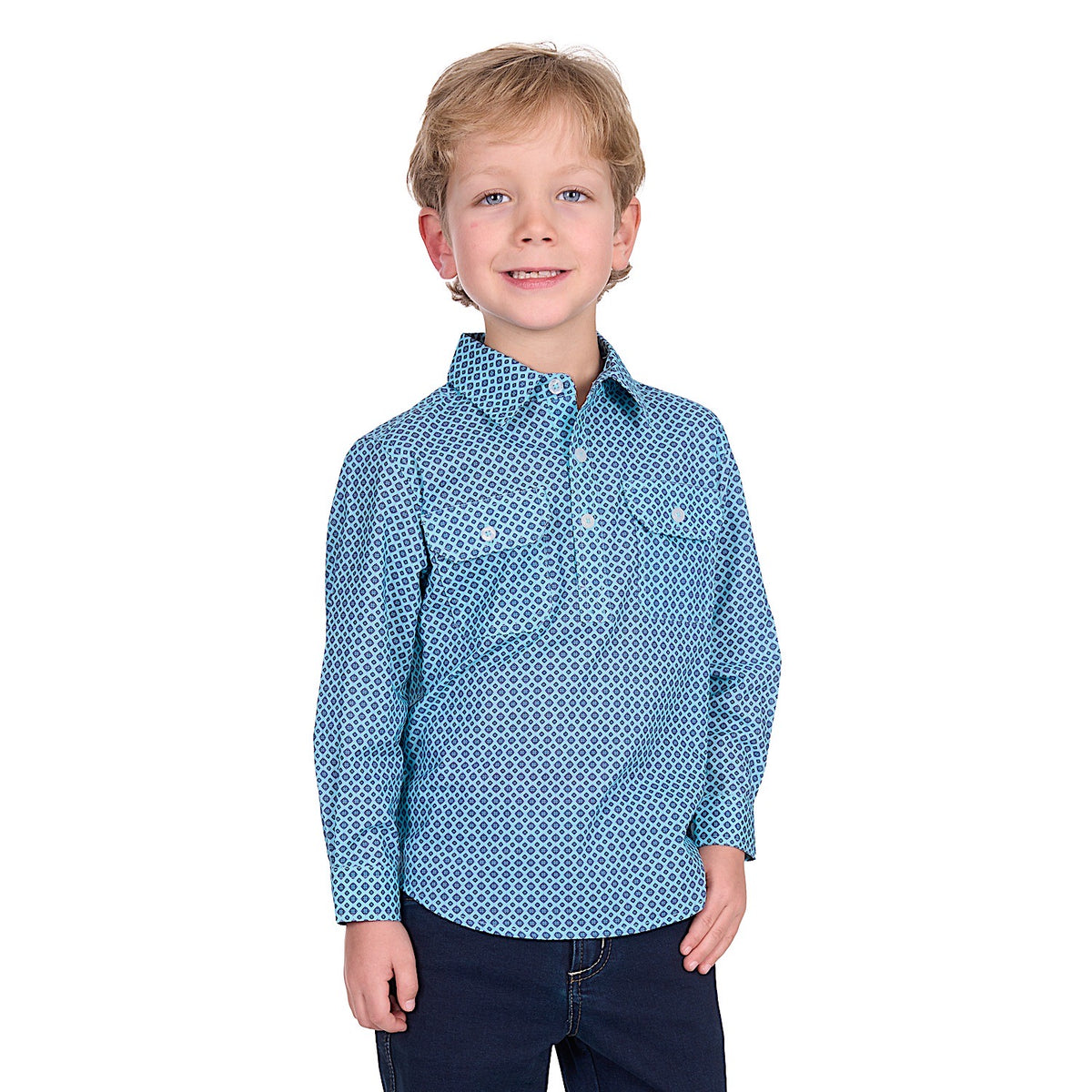 Hard Slog Kid’s Lygon Half Placket Long Sleeve Shirt - Blue/Navy
