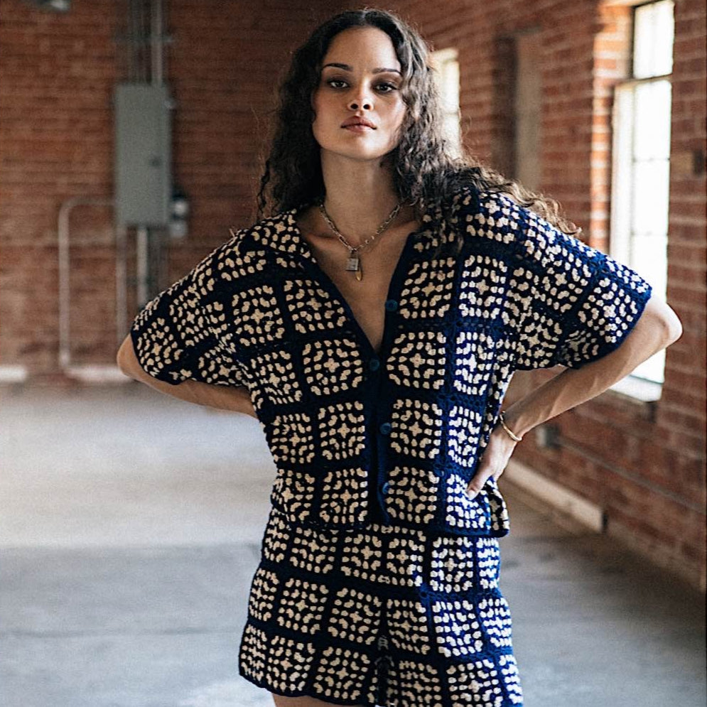 Brixton Women’s Crochet Button Down Top - Mood Indigo/Off White