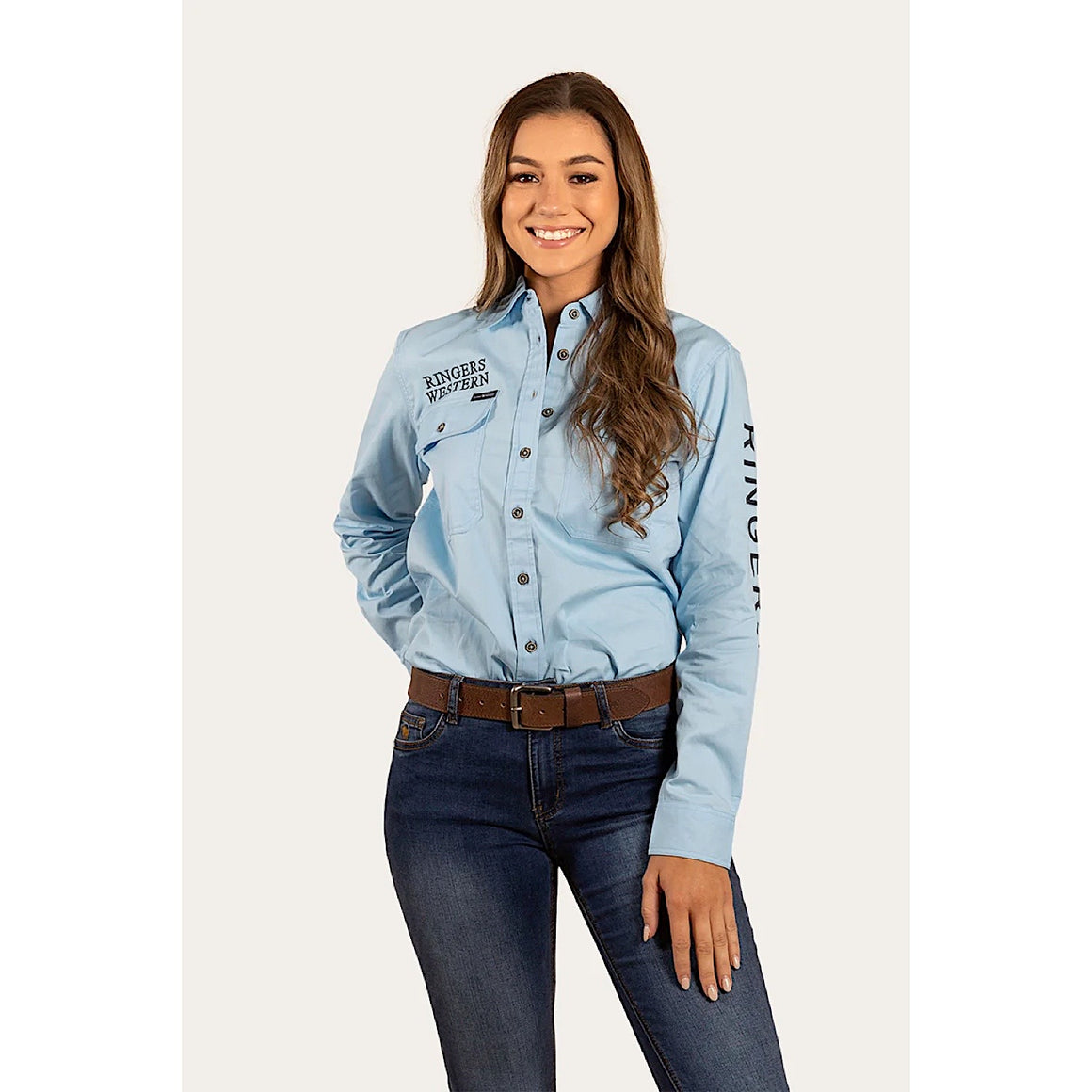 Ringers Western Signature Jillaroo Womens Full Button Work Shirt - Sky Blue with Navy Embroidery