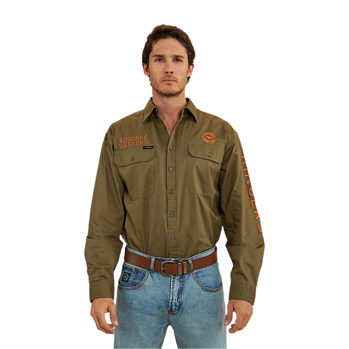 Ringers Western Men’s Hawkeye Full Button Work Shirt - Military Green/Orange