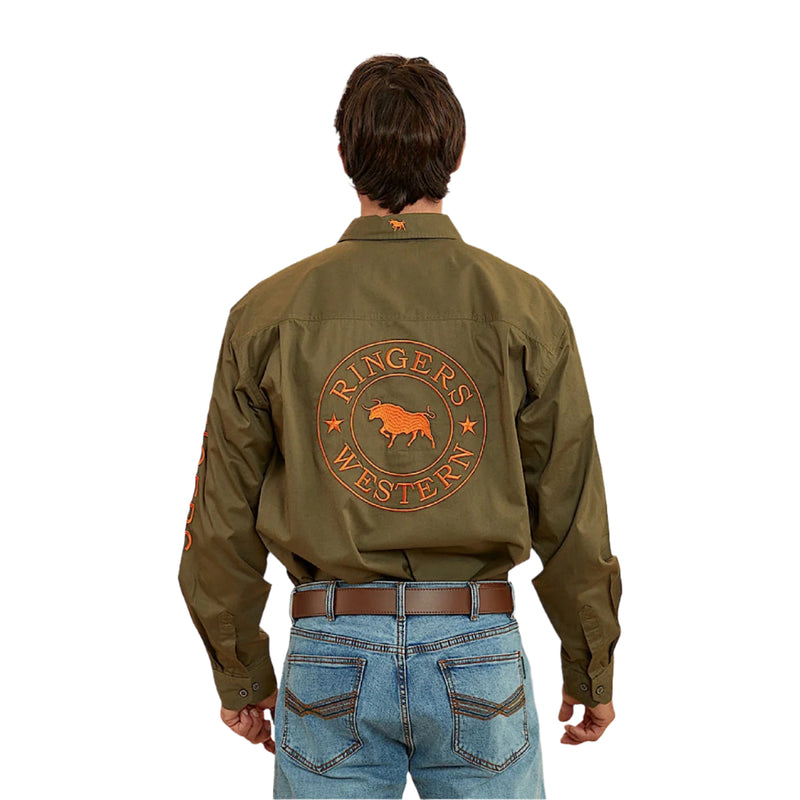 Ringers Western Men’s Hawkeye Full Button Work Shirt - Military Green/Orange