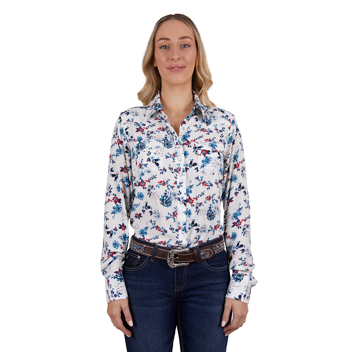 Pure Western Womens Flora Print Western L/S Shirt Egret/Multi