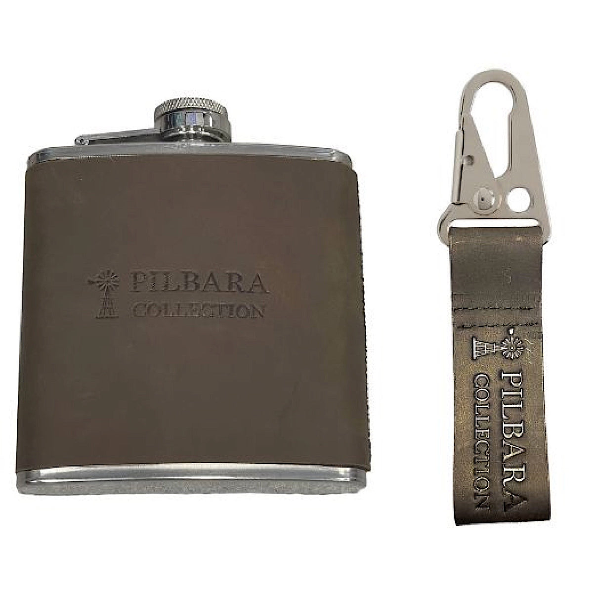 Pilbara Leather Keychain & Hip Flask - Brown