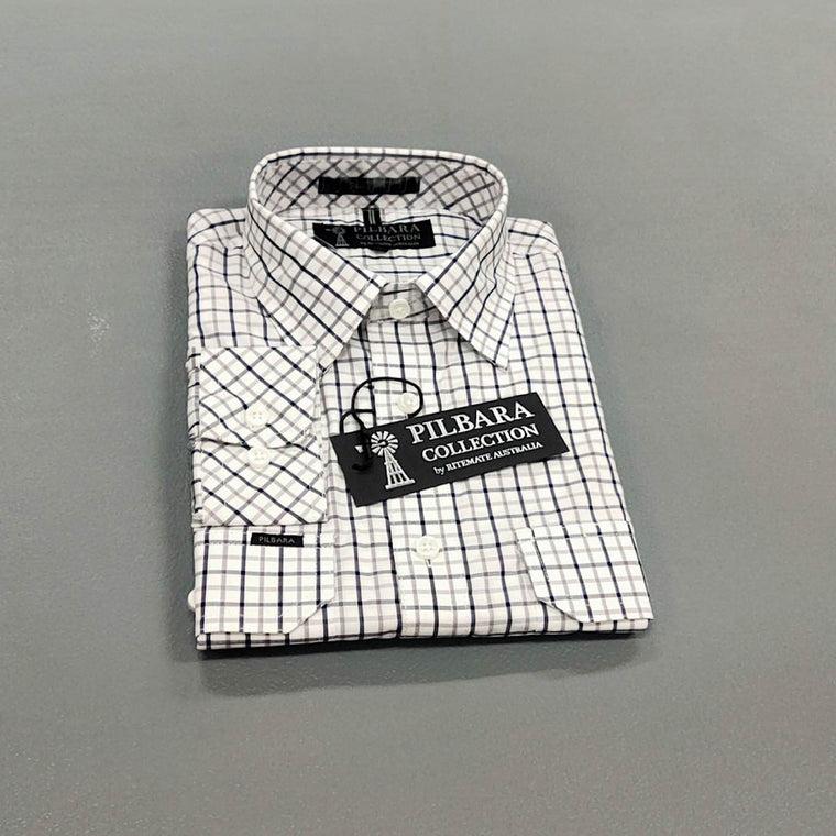 Pilbara Mens Check Dual Pocket L/S Shirt Navy/Grey/White