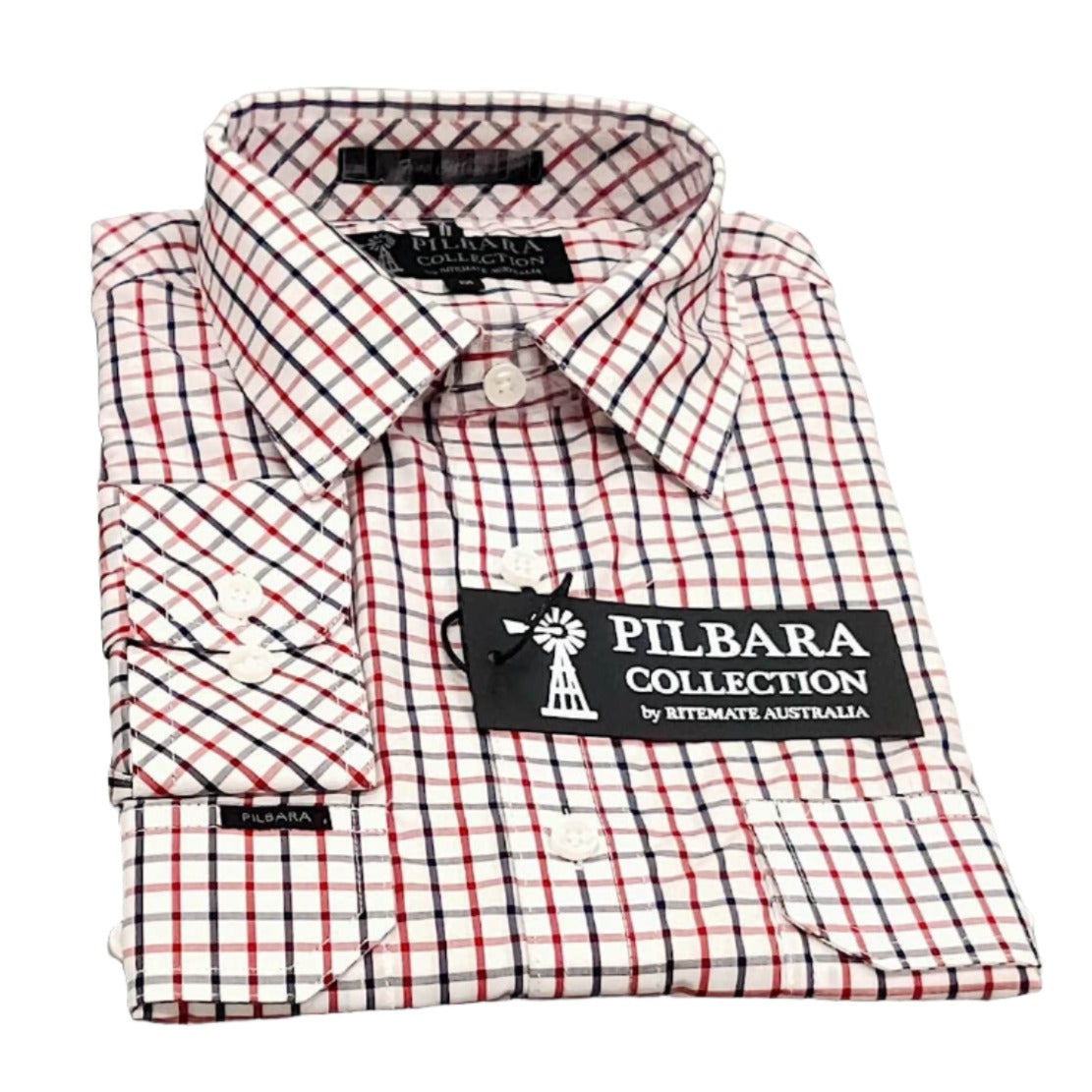 Pilbara Mens Check Dual Pocket L/S Shirt Navy/Maroon/White
