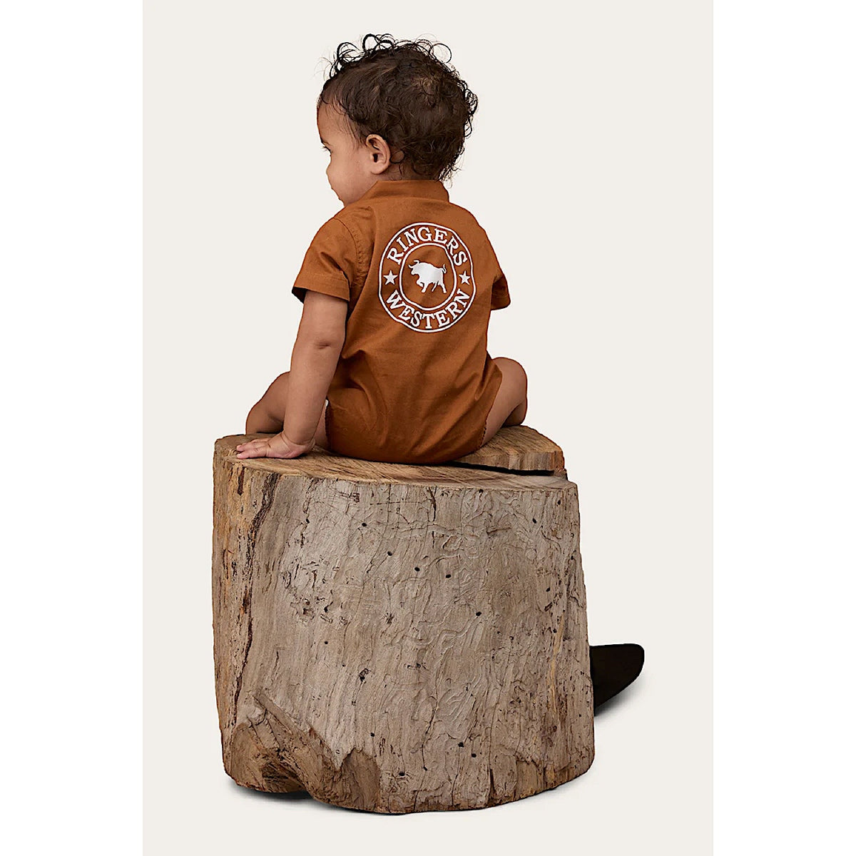 Ringers Western Babies Short Sleeve Work Shirt Romper - Tobacco/White