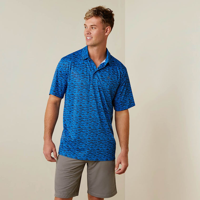 Ariat Mens All Over Fish Print S/S Polo Cendre Blue
