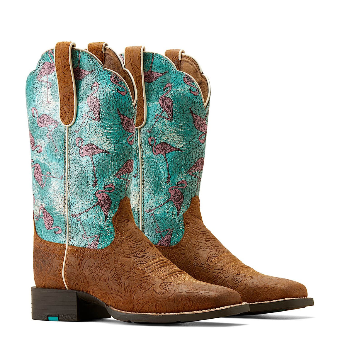 Ariat Womens Round Up Wide Square Toe Boot Embossed Chestnut/Flock O Flamingos