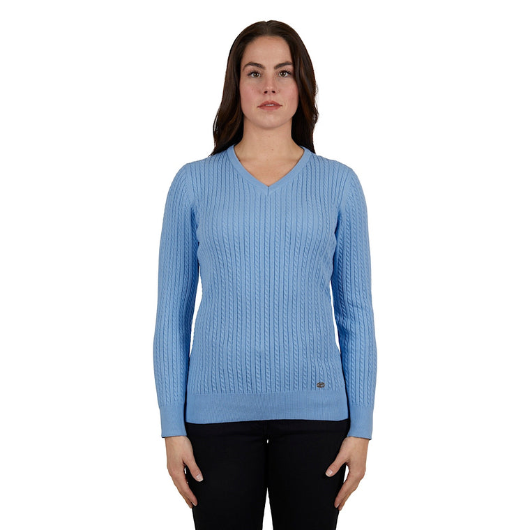 Thomas Cook Womens Cable V Neck Knit Jumper Sky