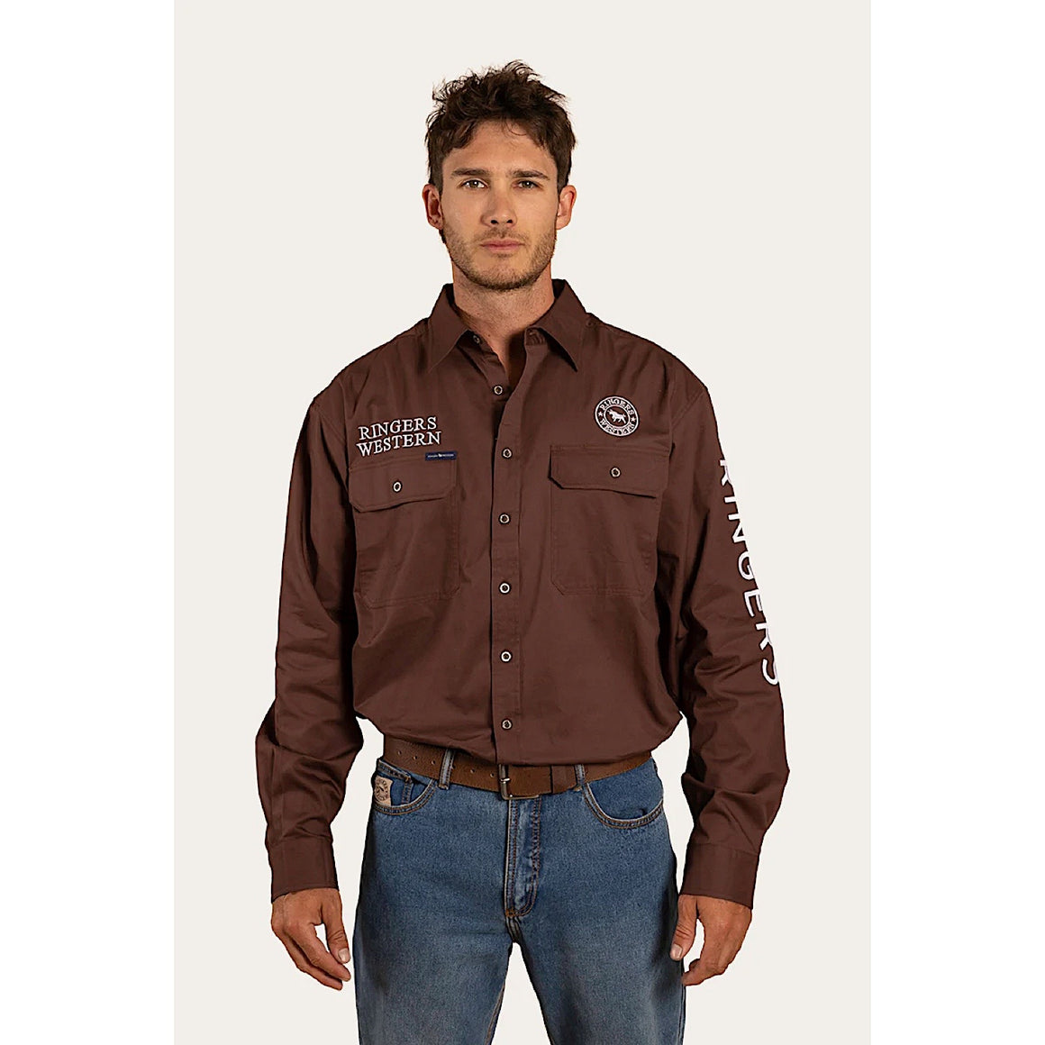 Ringers Western Hawkeye Men's Full Button Work Shirt - Chocolate with White Embroidery