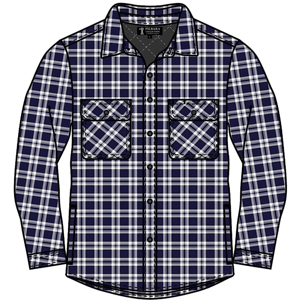 Pilbara Men’s Full Button Flannelette Quilted Shirt - Navy/White