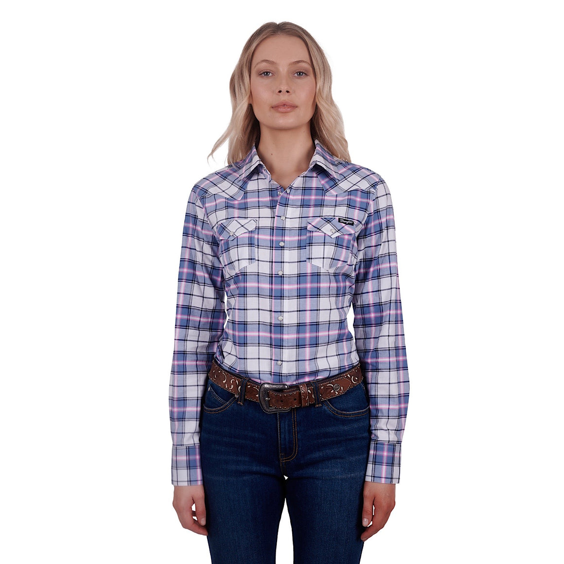 Wrangler Womens Lucy Check Western L/S Shirt Blue/Pink