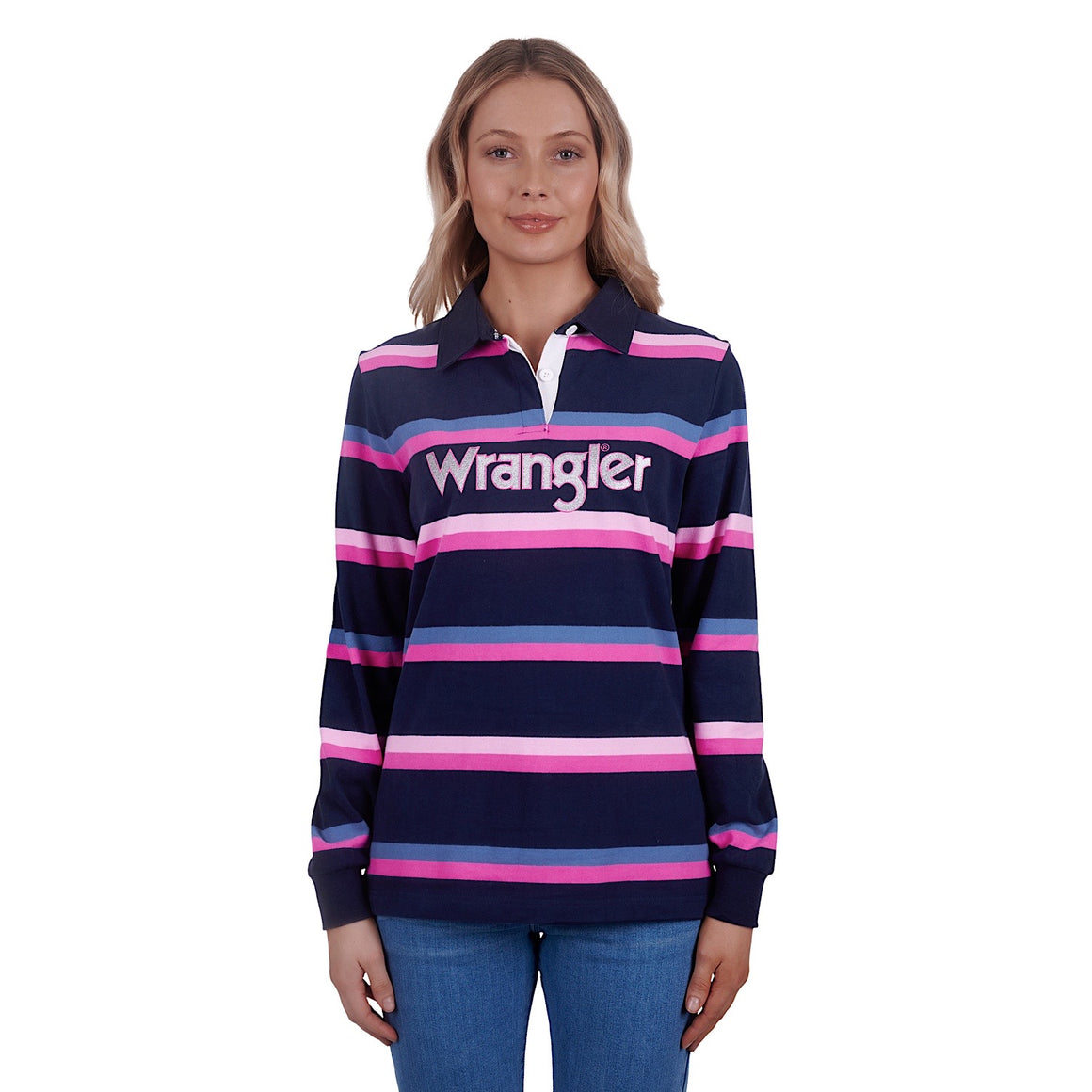 Wrangler Womens Jada Stripe Rugby Navy/Pink