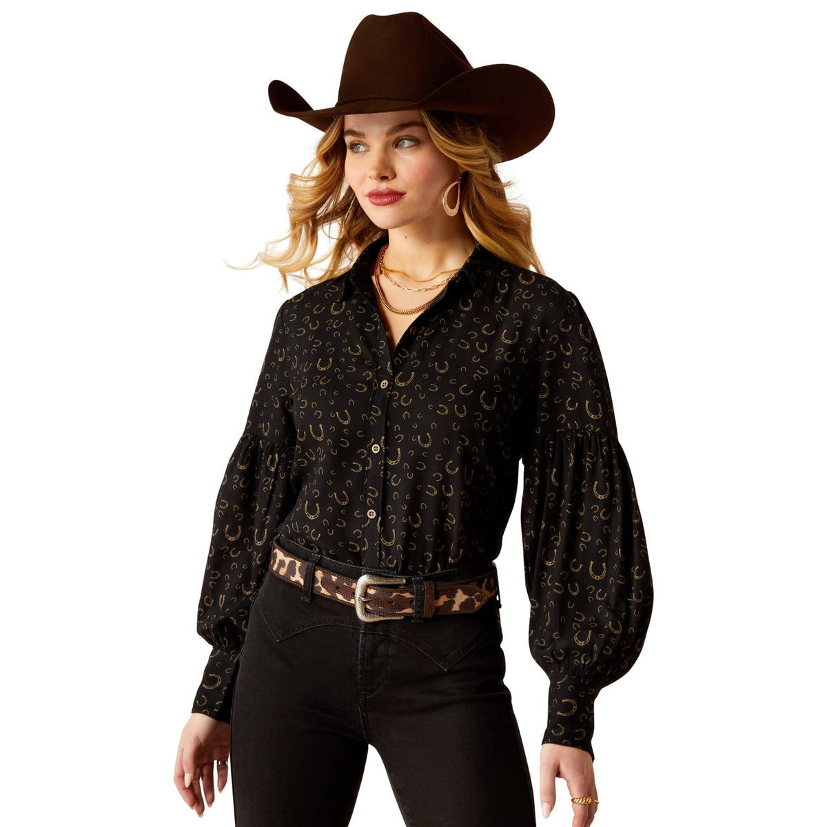 Ariat Women’s Blinged Out Top - Golden Horseshoes Print
