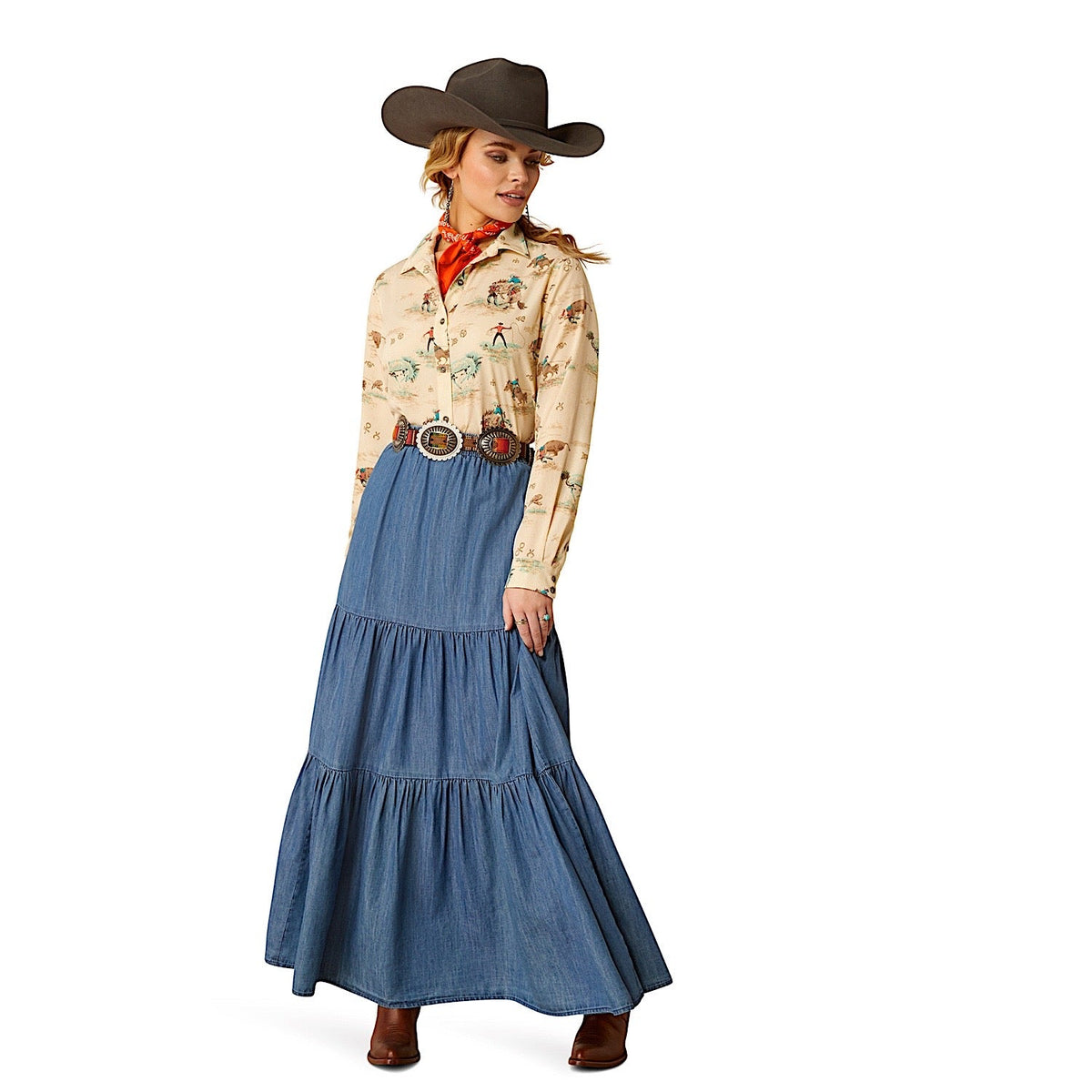 Ariat Women’s Chambray Tier Skirt - Medium Blue