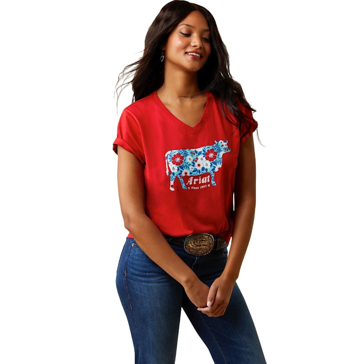 Ariat Womens Flower Cow S/S Tee Equestrian Red - Ariat Womens Tops