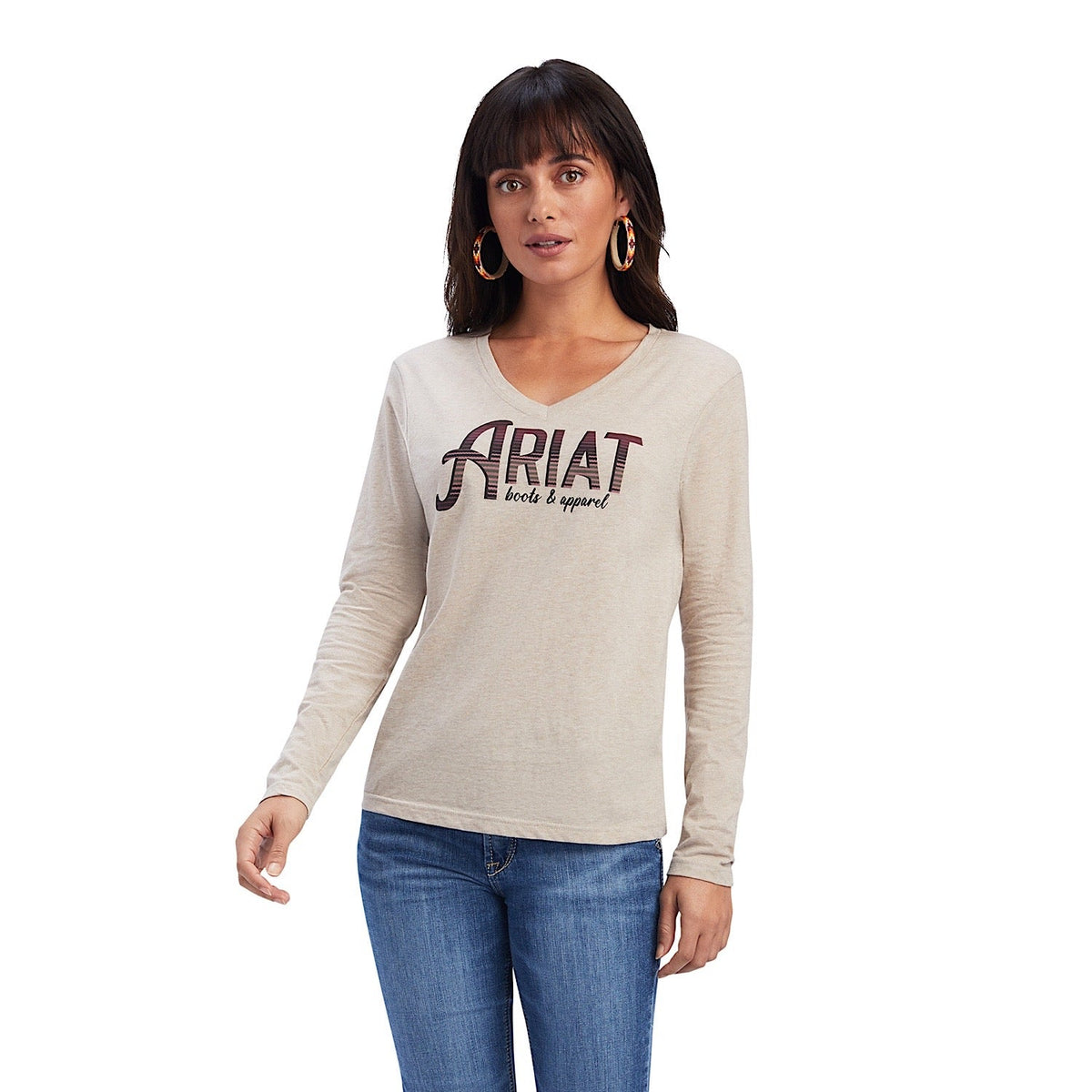 Ariat Womens REAL Chest Logo Relaxed L/S Tee Oatmeal Heather - XS Aus 6 - Ariat Womens Tops