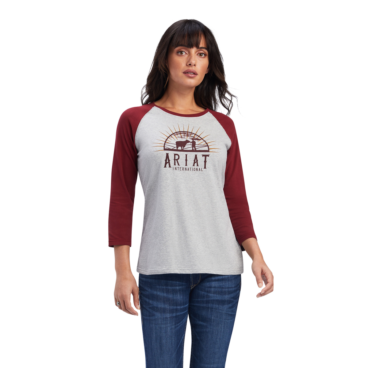 Ariat Womens REAL Sunrise Classic 3/4 Sleeve Shirt - Heather Grey - XS - Ariat Womens Tops