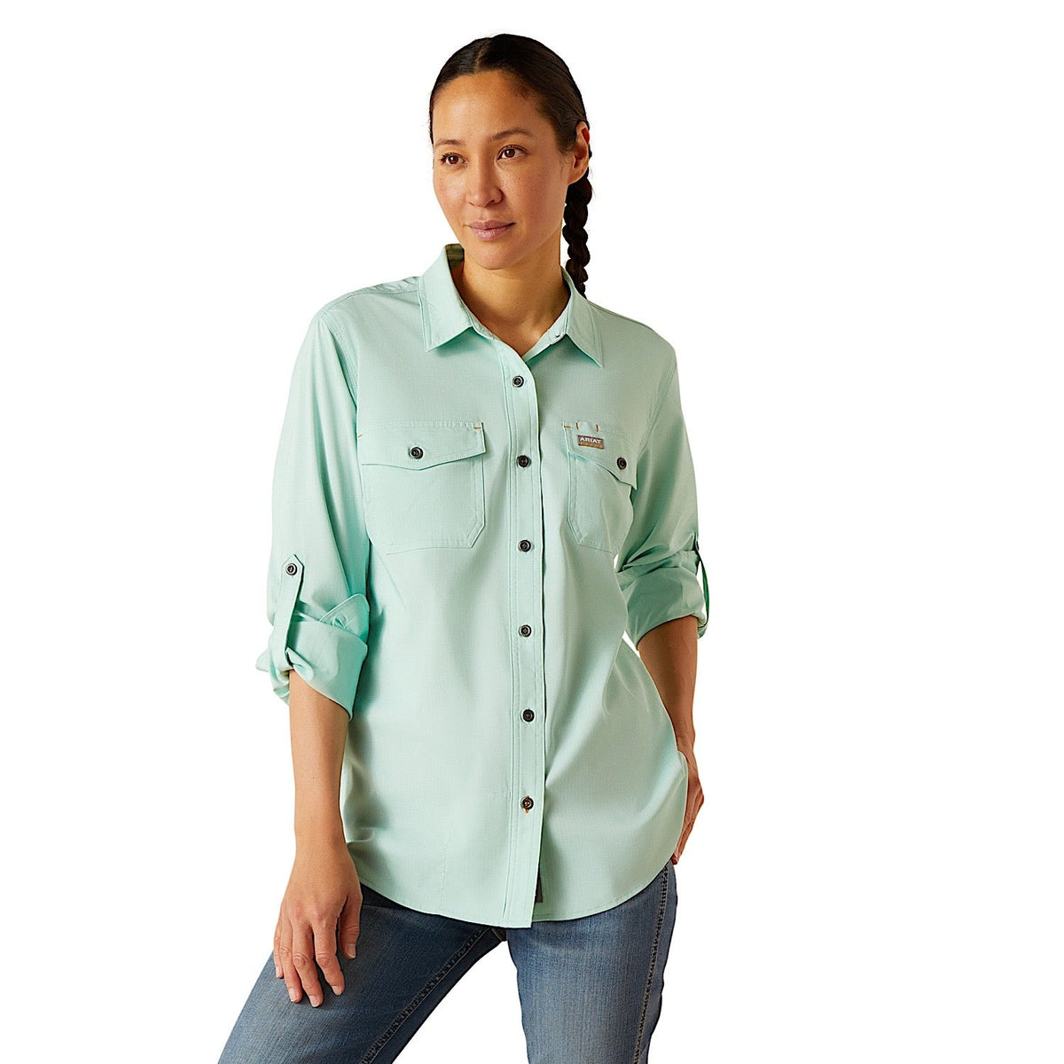 Ariat Women’s Rebar Made Tough Venttek Durastretch Work Shirt - Pool Blue Heather