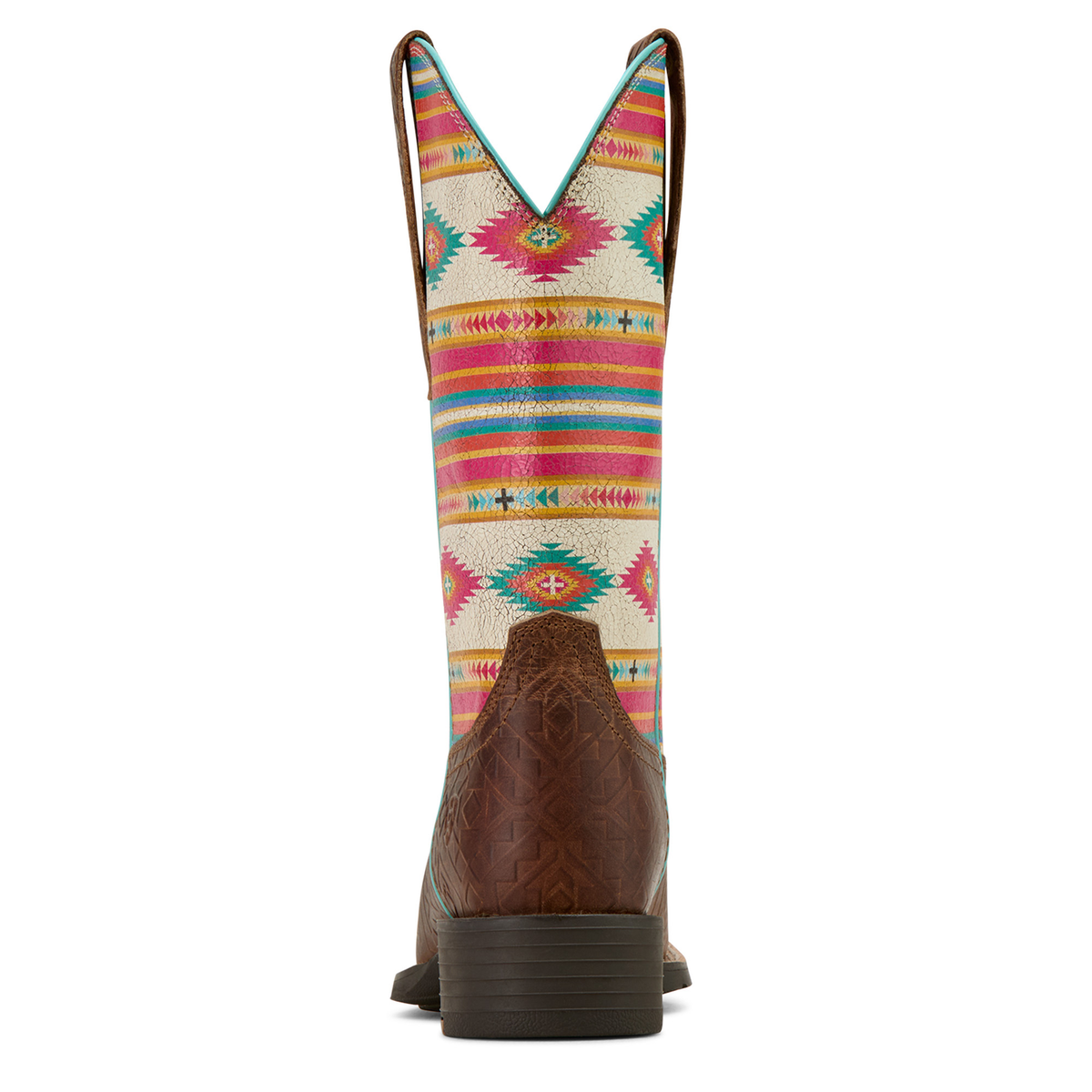 Ariat Women’s Round Up Wide Square Toe Stretchfit - Tan Southwest Emboss/Bubblegum Serape