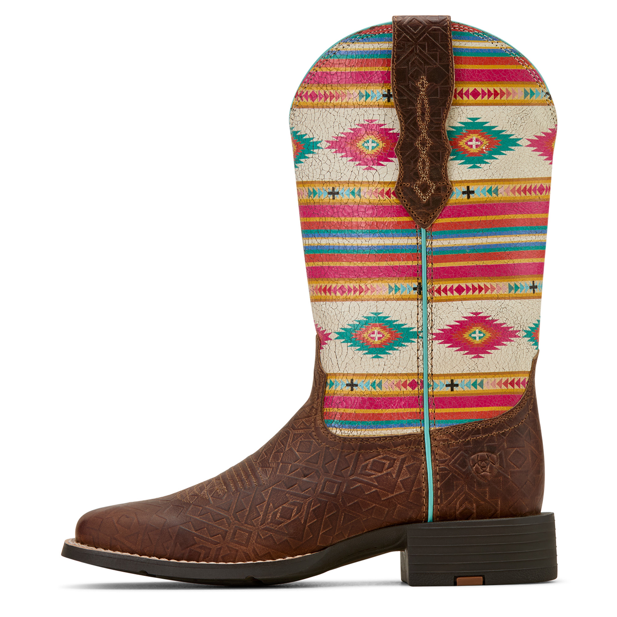 Ariat Women’s Round Up Wide Square Toe Stretchfit - Tan Southwest Emboss/Bubblegum Serape