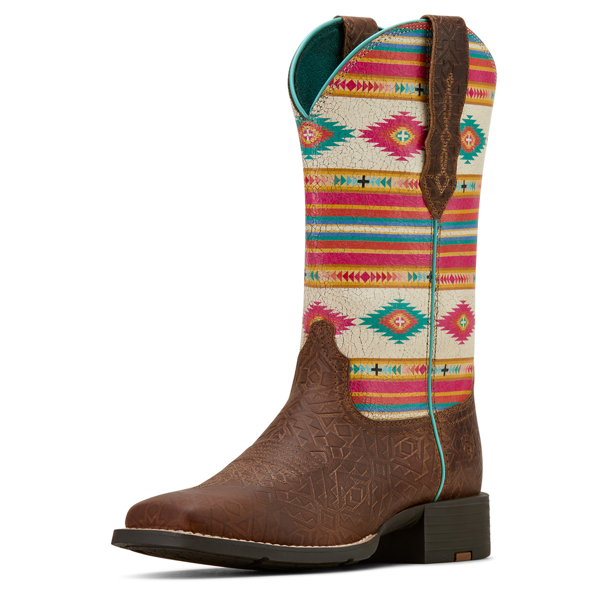 Ariat Women’s Round Up Wide Square Toe Stretchfit - Tan Southwest Emboss/Bubblegum Serape