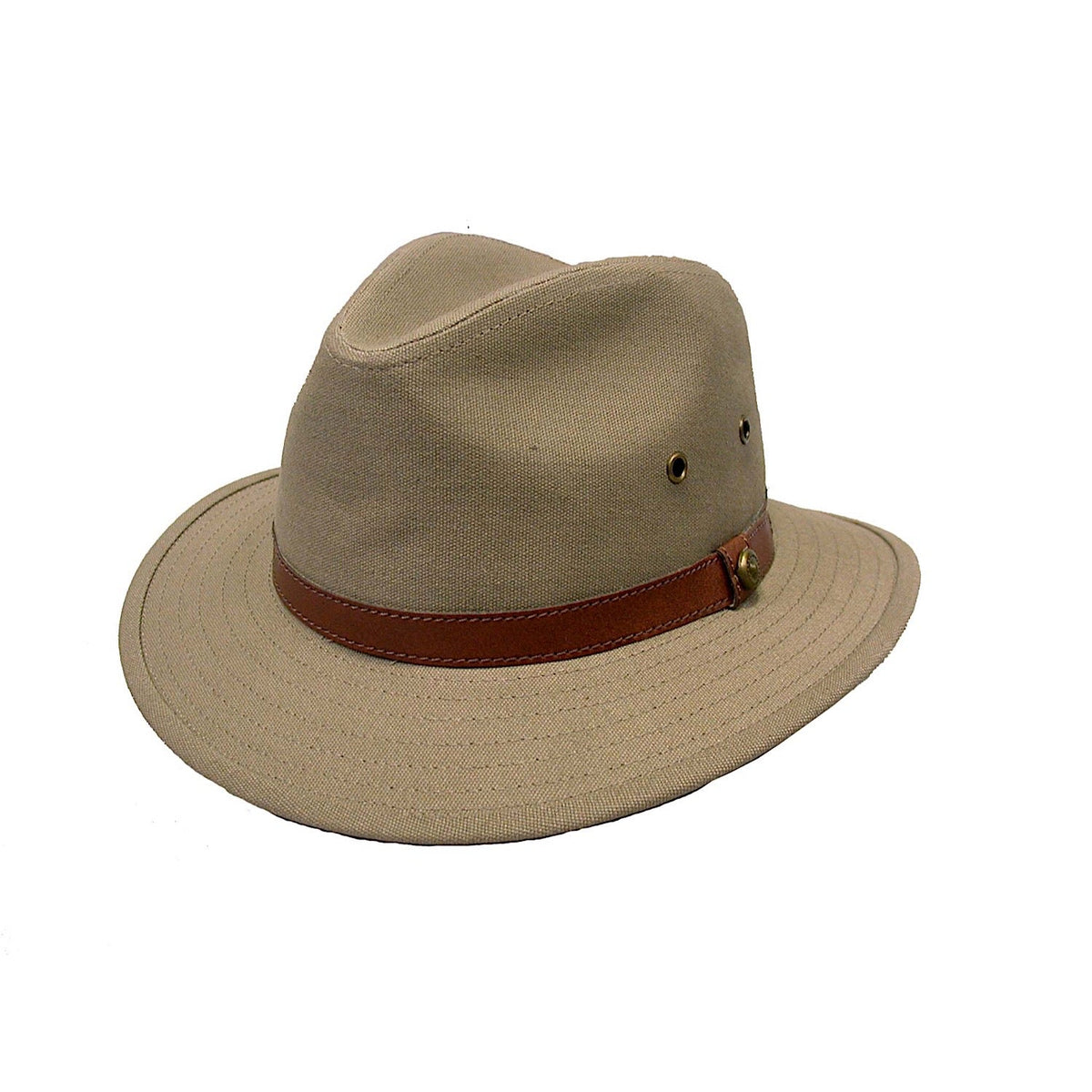Avenel Blocked Canvas Hat with Leather Band - Khaki