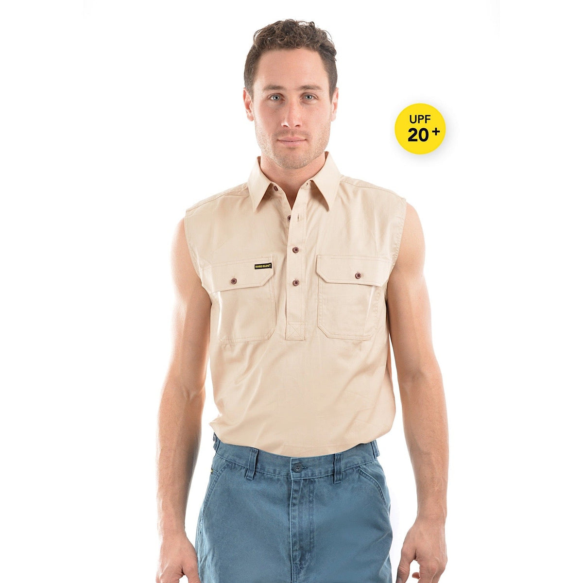 Hard Slog Half Placket Light Cotton Sleeveless Shirt - Stone