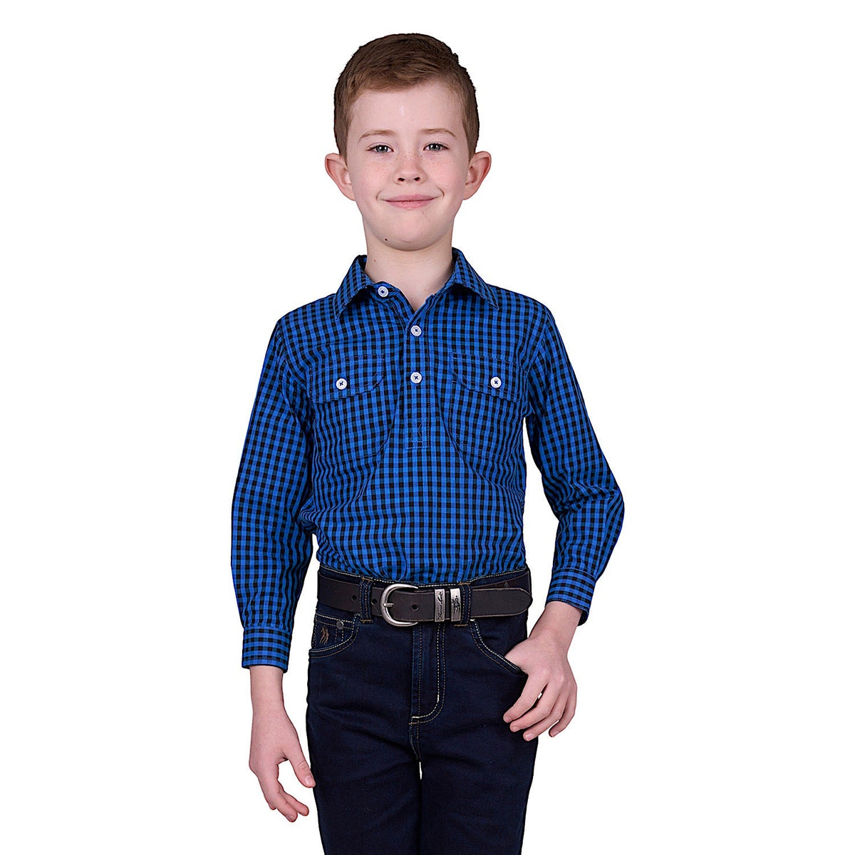 Hard Slog Kid’s Astell Half Placket Long Sleeve Shirt - Black/Royal