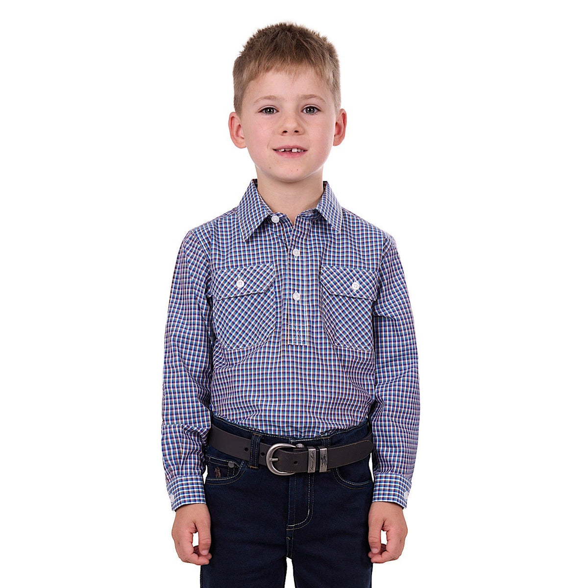Hard Slog Kid’s Bobbie Half Placket Shirt Navy/Tan