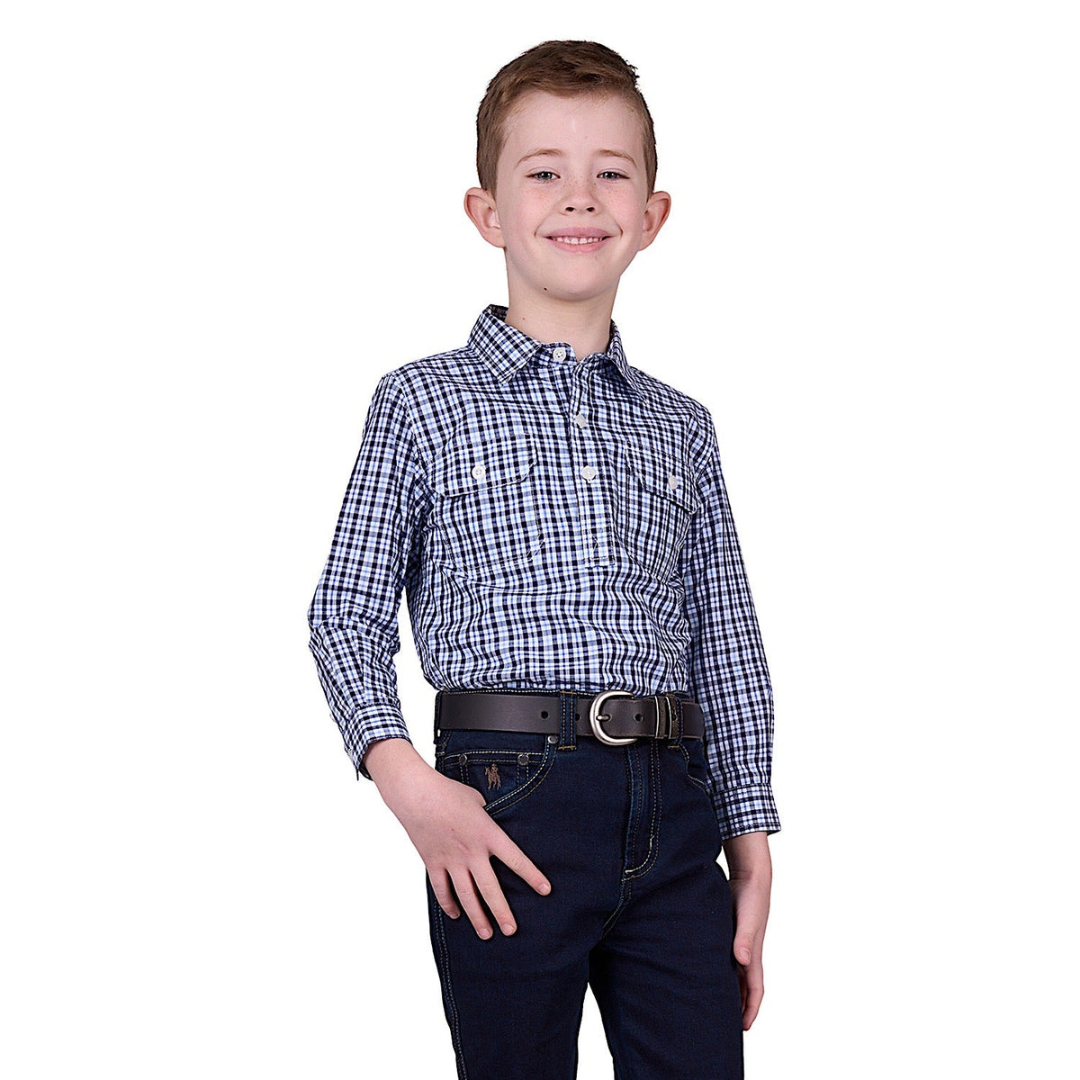Hard Slog Kid’s Coney Half Placket Long Sleeve Shirt - Navy/Blue