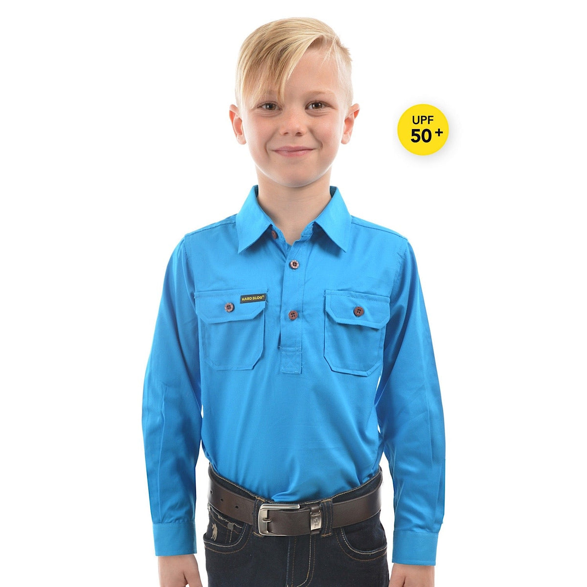 Hard Slog Kids Half Placket Light Cotton Shirt Bright Blue