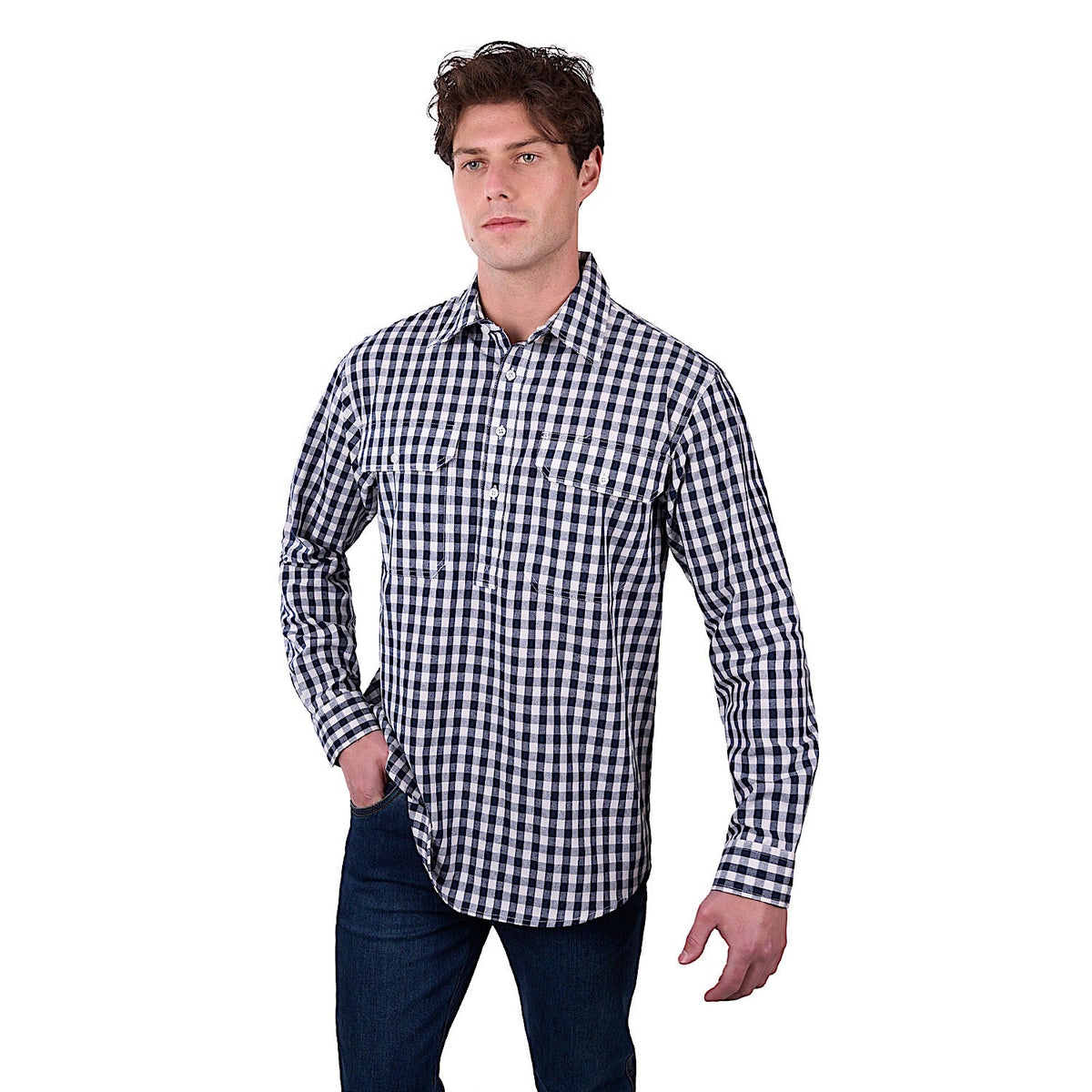 Hard Slog Men’s Dell Half Placket Long Sleeve Shirt - Navy/White