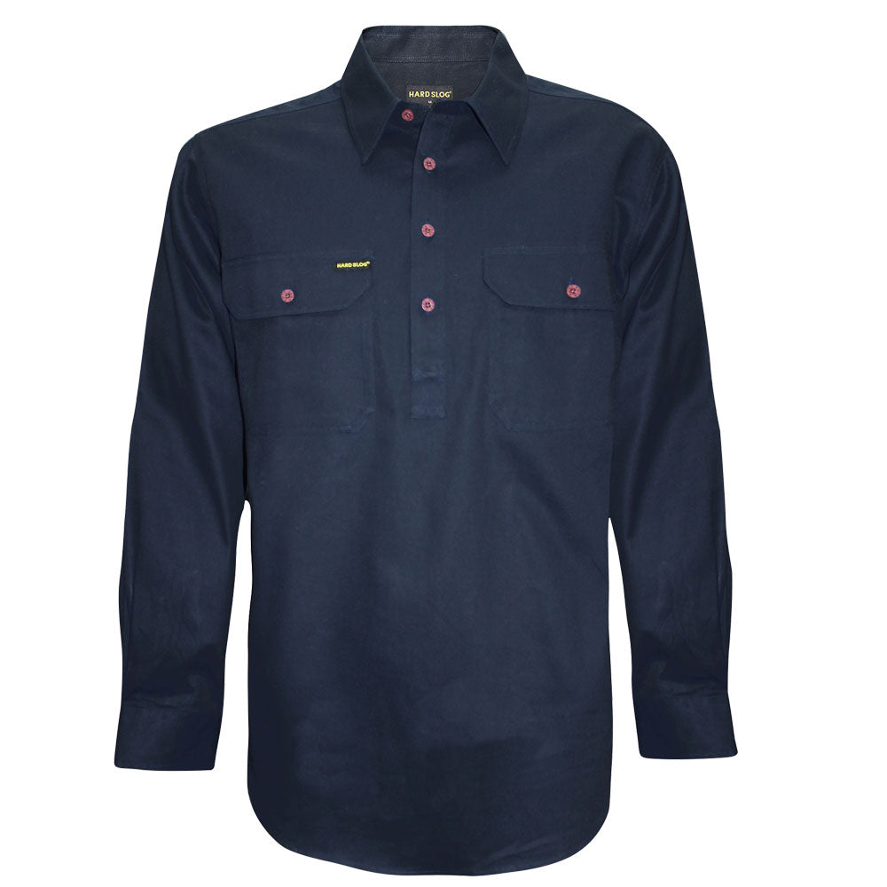 Hard Slog Men’s Half Placket Light Cotton Long Sleeve Shirt Dark Navy