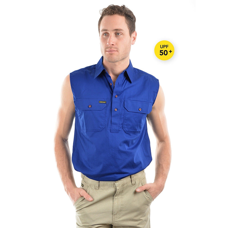 Hard Slog Men’s Half Placket Light Cotton Sleeveless Shirt Royal Blue