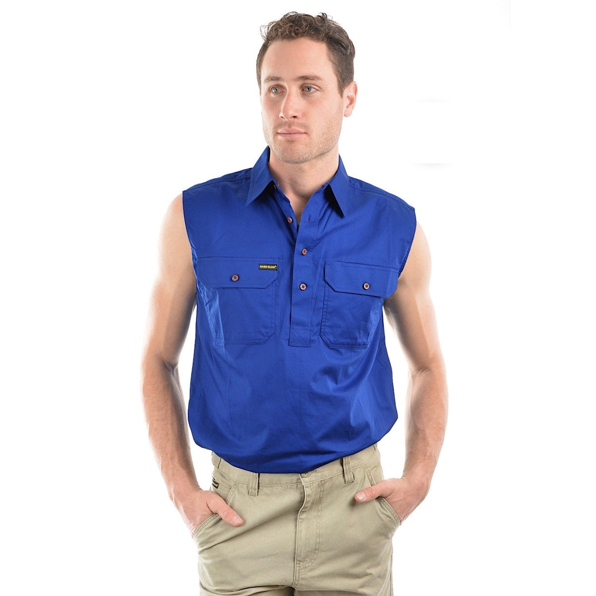 Hard Slog Men’s Half Placket Light Cotton Sleeveless Shirt Royal Blue
