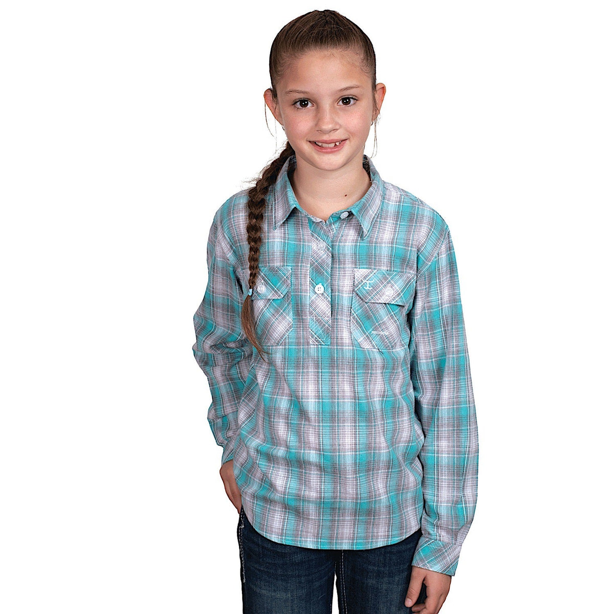 Just Country Girl’s Harper Half Button Print Work Shirt - Capri Turquoise/Slate Check