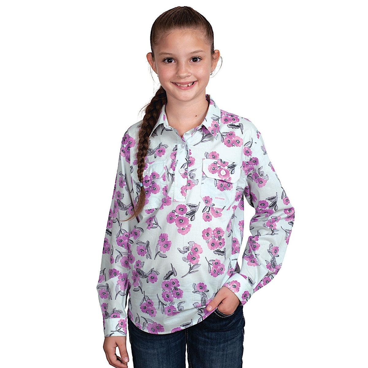 Just Country Girl’s Harper Half Button Print Work Shirt - Sea Mist Watercolour Blooms