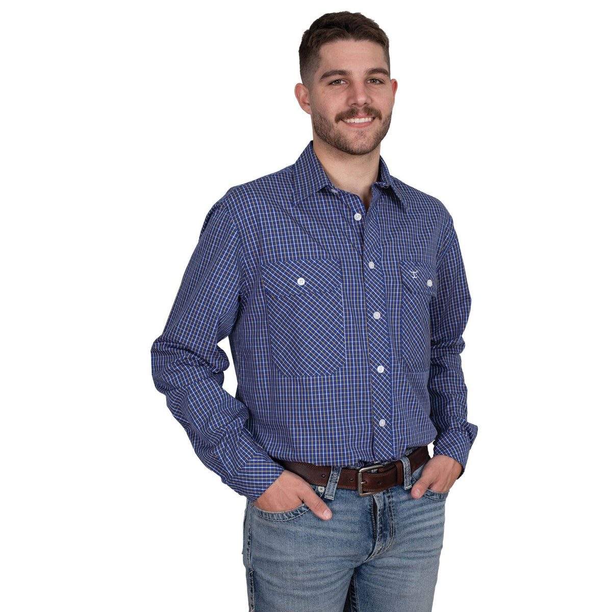 Just Country Men’s Austin Full Button Shirt - Cobalt/White/Yellow Check