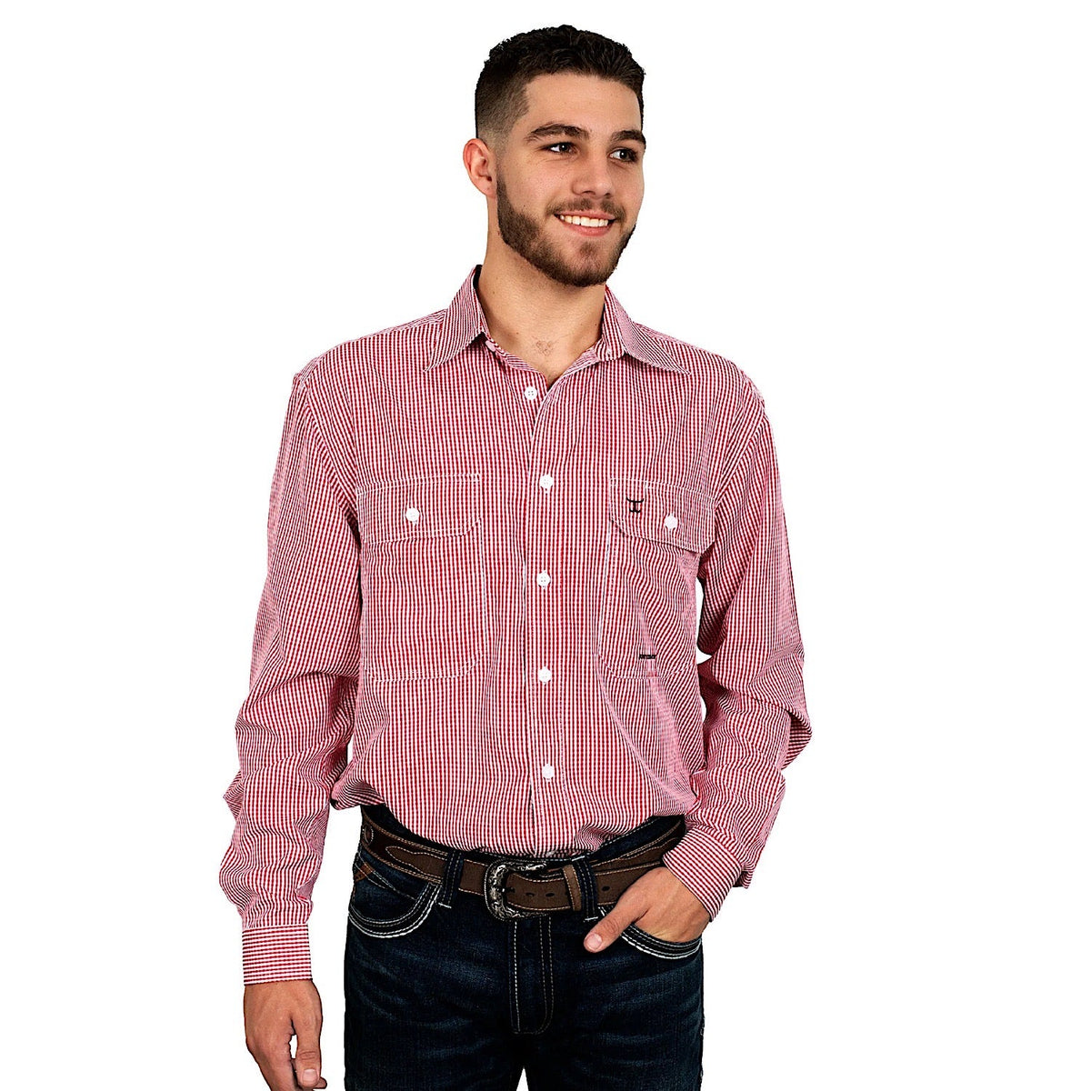 Just Country Mens Austin Full Button Print Workshirt Chilli/White Mini Check