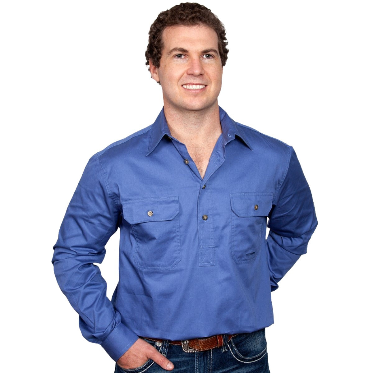 Just Country Mens Cameron 1/2 Button Work Shirt Blue