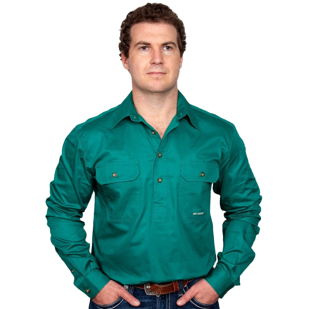 Just Country Mens Cameron 1/2 Button Work Shirt Dark Green