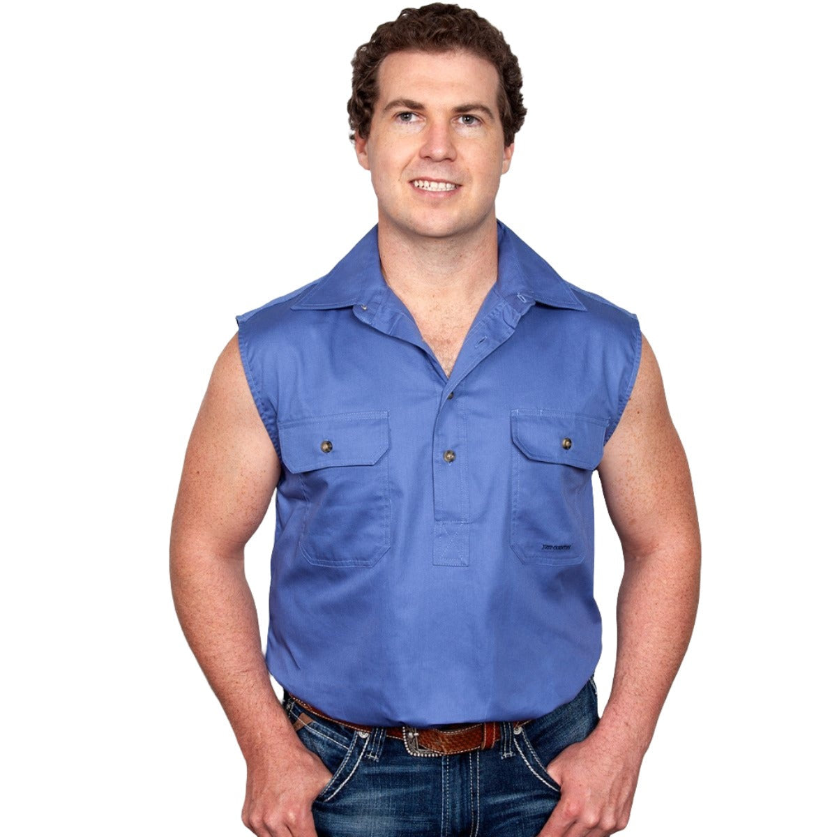 Just Country Mens Jack 1/2 Button Sleeveless Work Shirt Blue